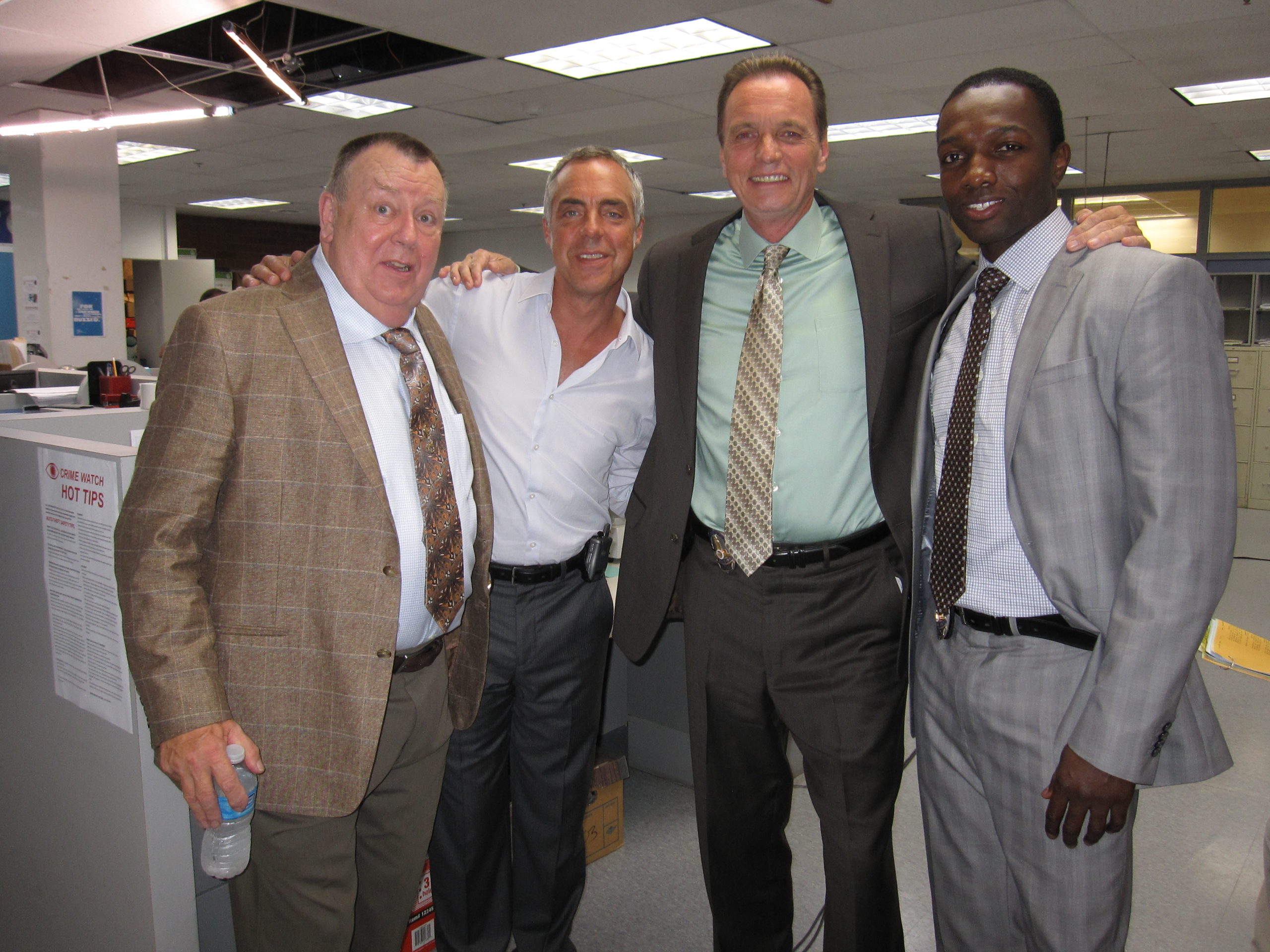 Bosch on set, left to right, Troy Evans, Titus Welliver, Gregory Scott Cummins, Jamie Hector